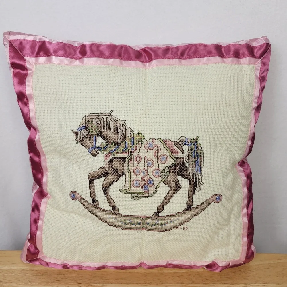 Vintage Hand-Stitched Needlepoint Rocking Horse Decorative Pillow 1989